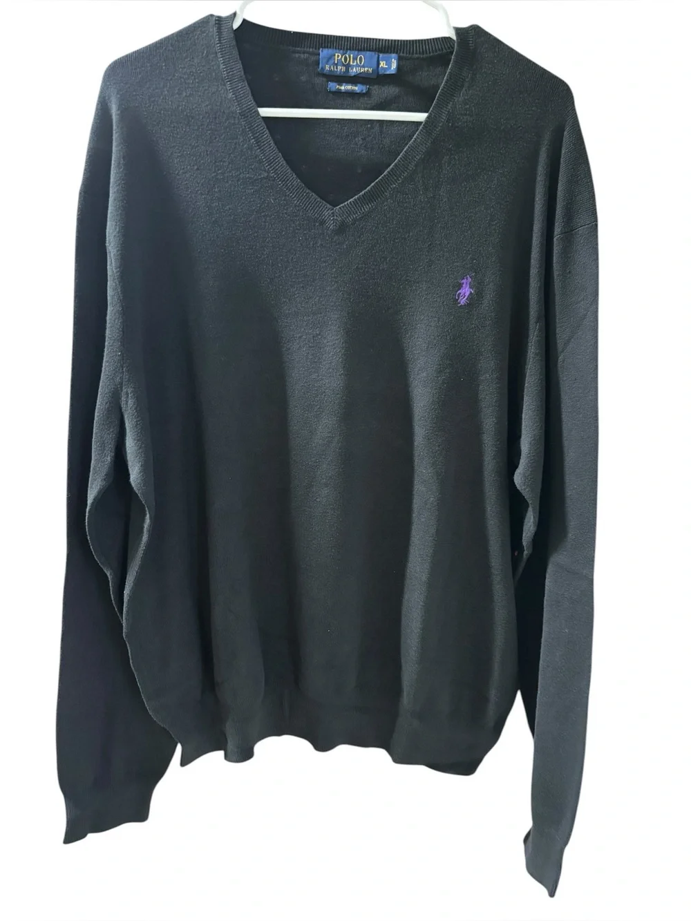 Polo by Ralph Lauren Men’s Black V-Neck Sweater with‎ Purple Logo Size XL